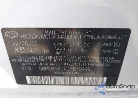 2013 Hyundai Sonata Gls from USA, damaged, VIN 5NPEB4ACXDH570449